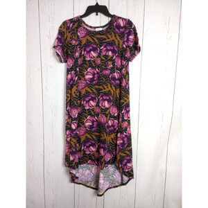 Lularoe Dress Small Carly Swing High Low Black Purple Flowers Casual Comfy